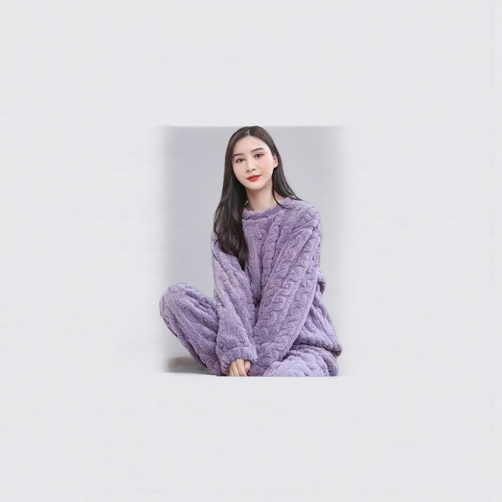 紫色毛绒睡衣套装女秋冬加厚保暖家居服
