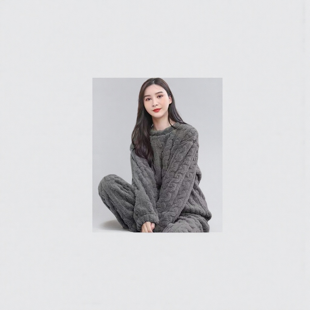 灰色毛绒睡衣套装女秋冬加厚保暖家居服情侣款图