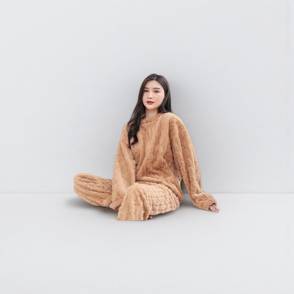 棕色毛绒睡衣套装女秋冬加厚保暖家居服情侣款