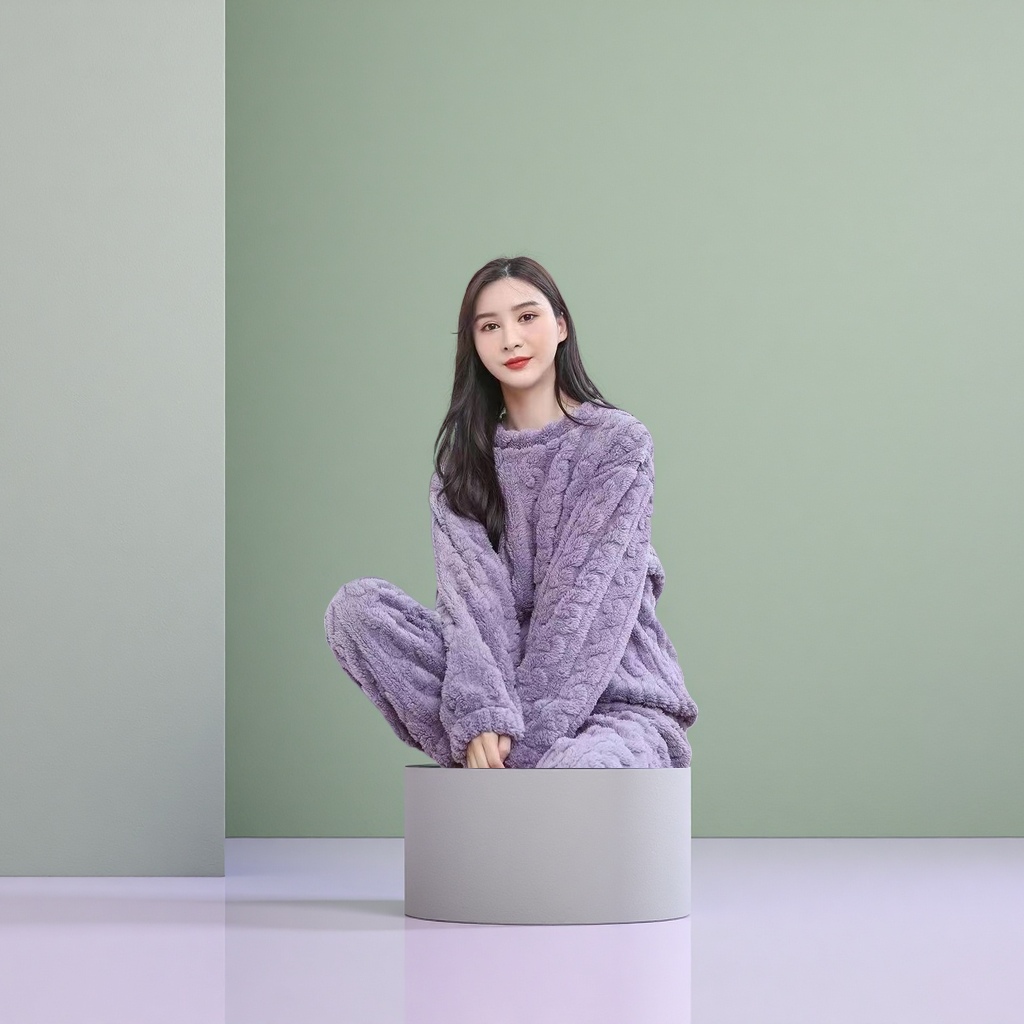 紫色毛绒睡衣套装女秋冬加厚保暖家居服情侣款