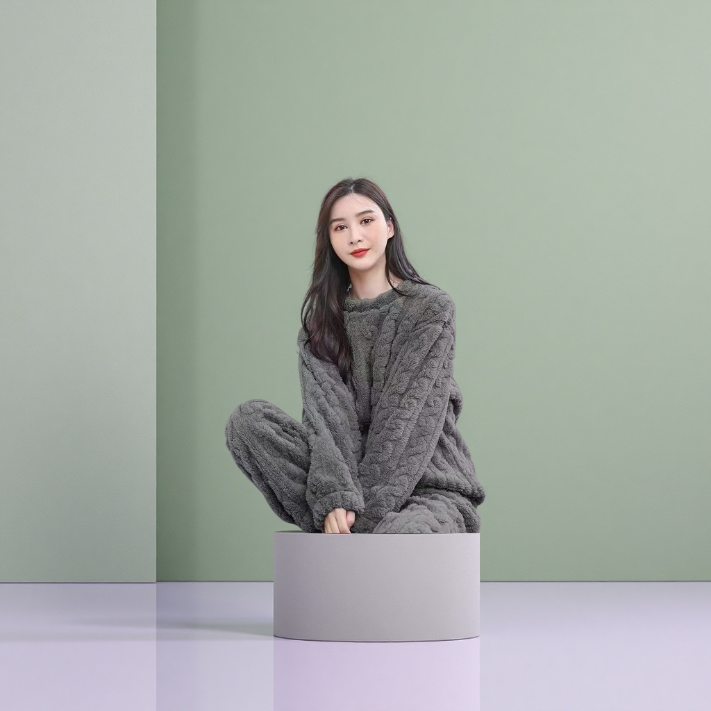 灰色毛绒女士睡衣套装秋冬加厚家居服女