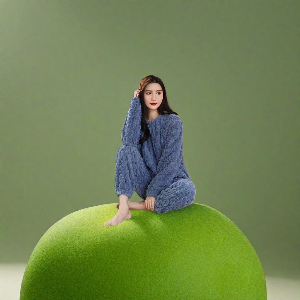 蓝色毛绒睡衣套装女 加厚珊瑚绒居家休闲两件套