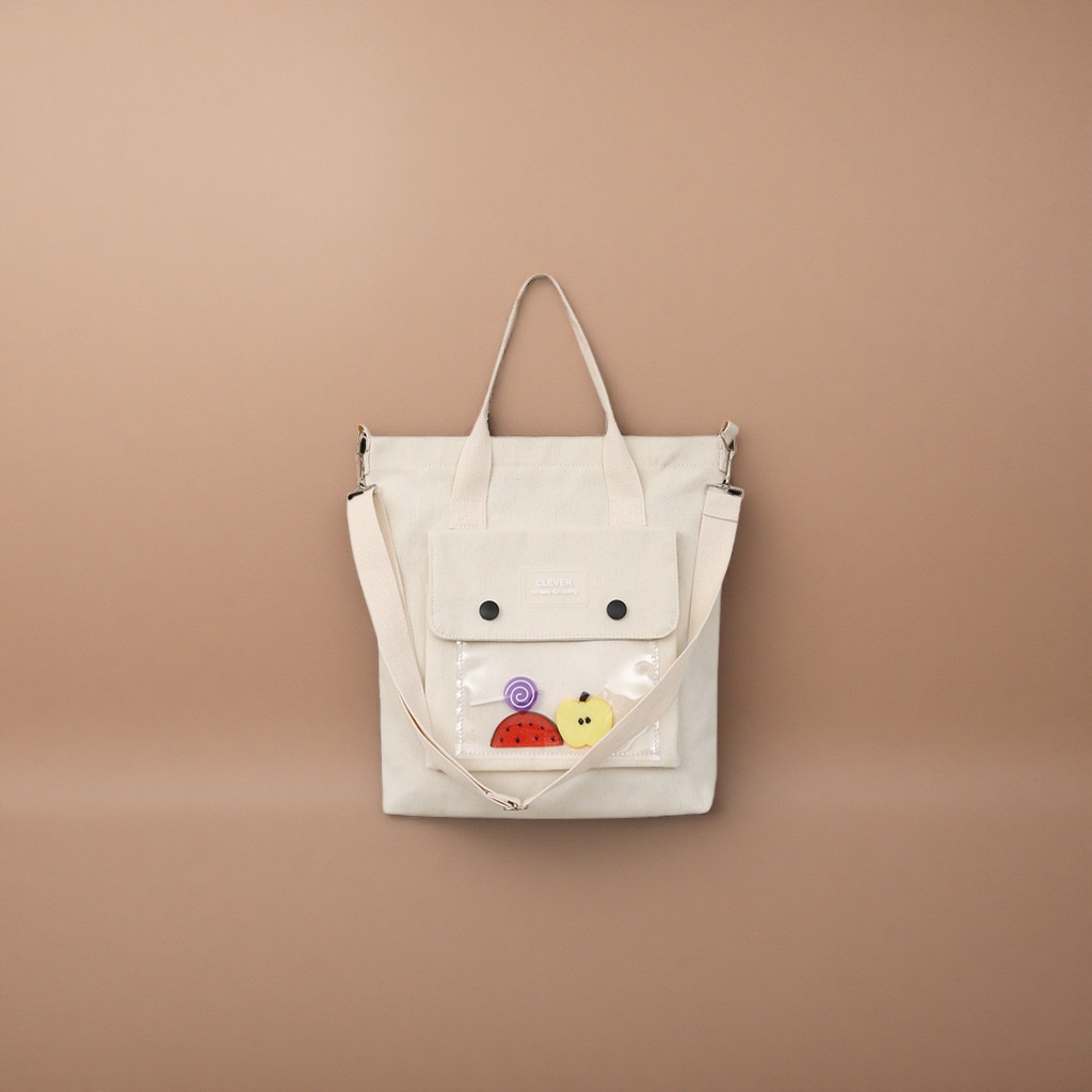 Beige canvas bag with transparent pocket fruit decoration single-shoulder handbag Specification image