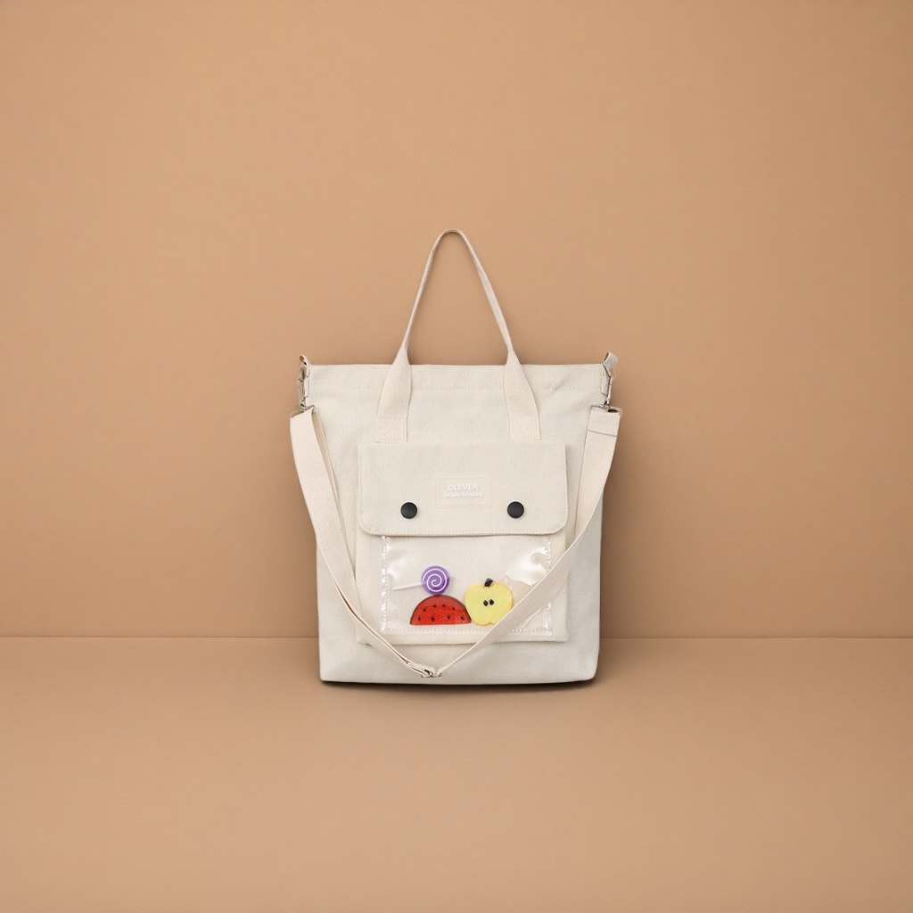 Beige canvas bag with transparent pocket fruit decoration single-shoulder handbag Application Scenario