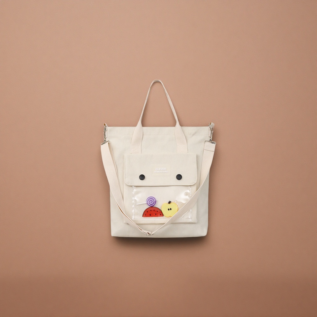 Beige canvas bag with transparent pocket fruit decoration single-shoulder handbag details Picture