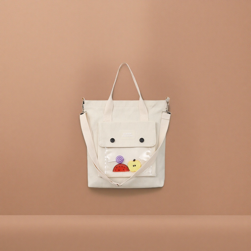 Beige canvas bag with transparent pocket fruit decoration single-shoulder handbag
