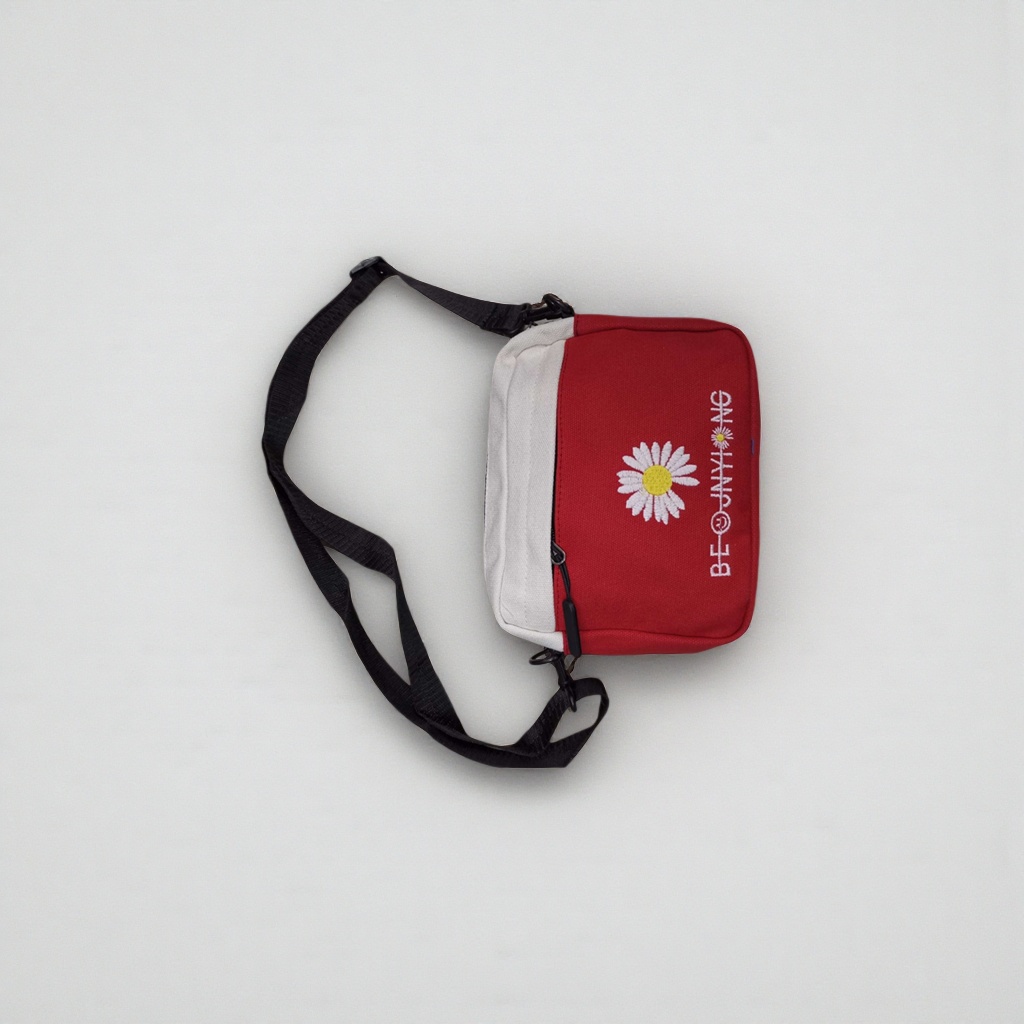 Red and white crossbody bag with white Daisy embroidery BE@JNYI NG and black adjustable shoulder strap Specification image