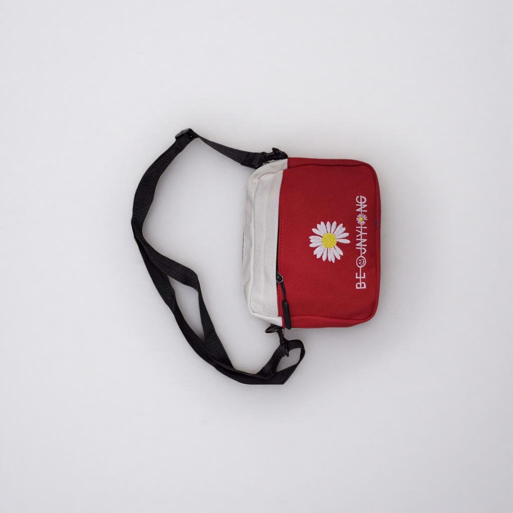 Red and white crossbody bag with white Daisy embroidery BE@JNYI NG and black adjustable shoulder strap details Picture