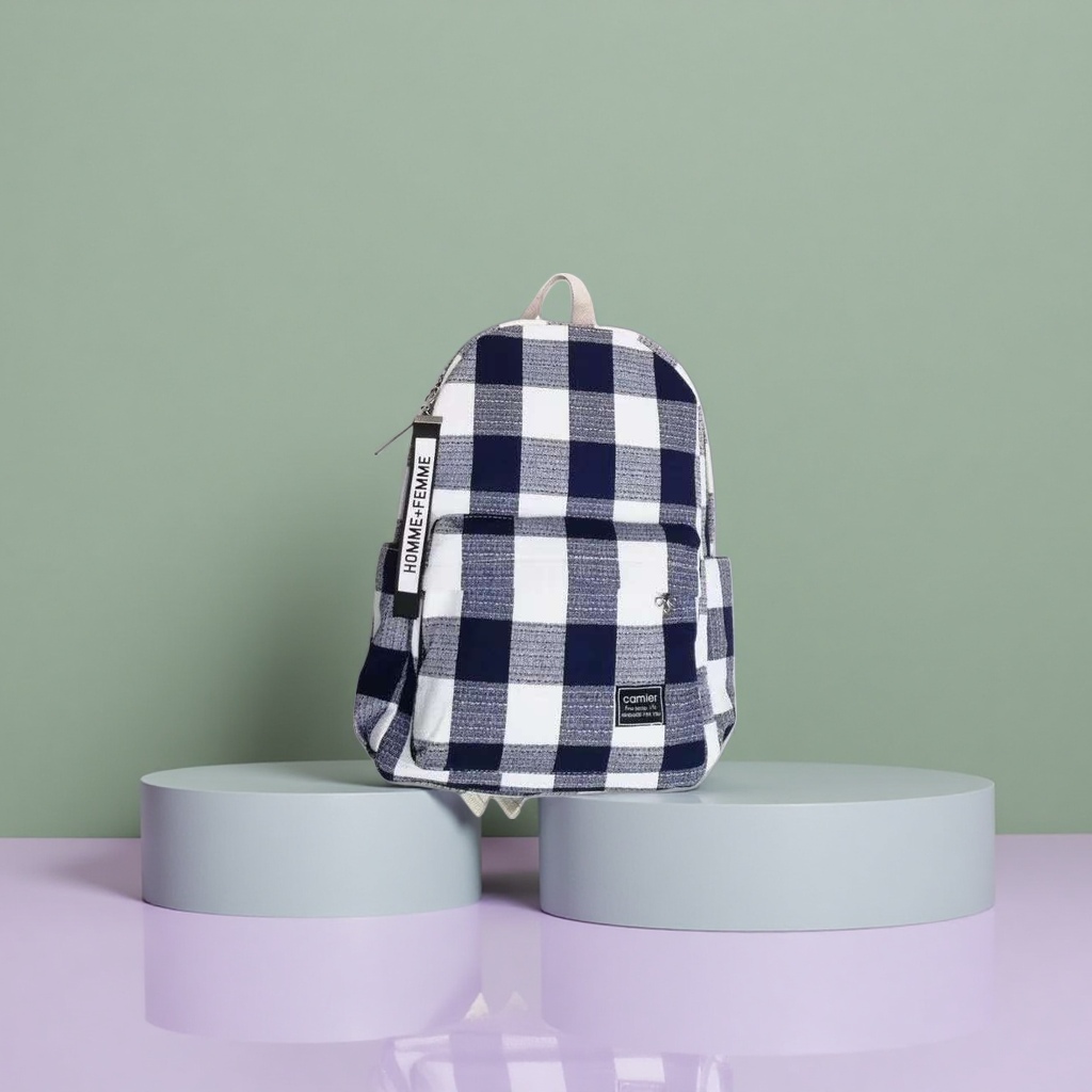 Blue and white checkered casual backpack, a lightweight and large-capacity student commuting travel bag Specification image