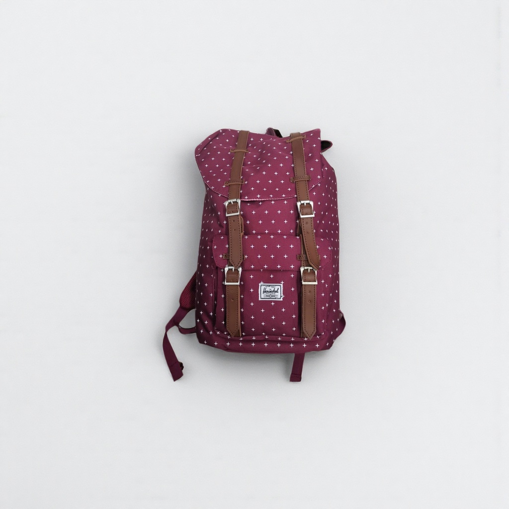 酒红色带白星图案双肩包时尚休闲大容量学生通勤背包