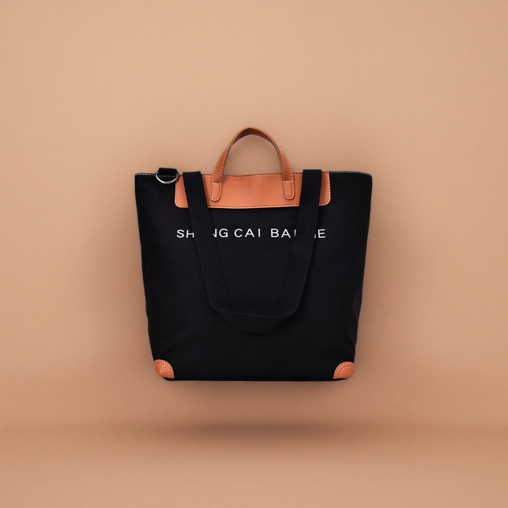 Black canvas tote bag, brown leather handbag, corner white SHANG CAI BA letters Application Scenario
