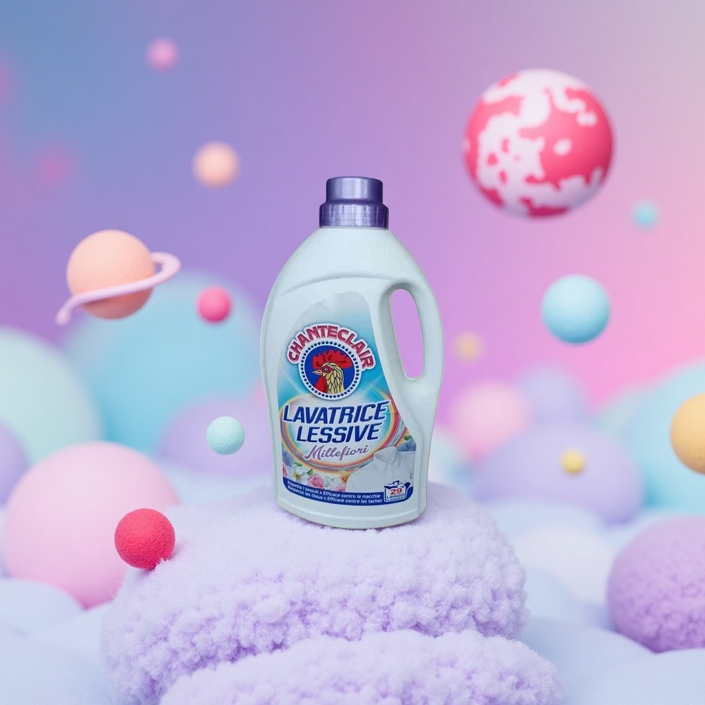 CHANTECLAIR 白色塑料瓶装洗衣液 Millefiori 公鸡标志 Lavatrice Lessive Application Scenario
