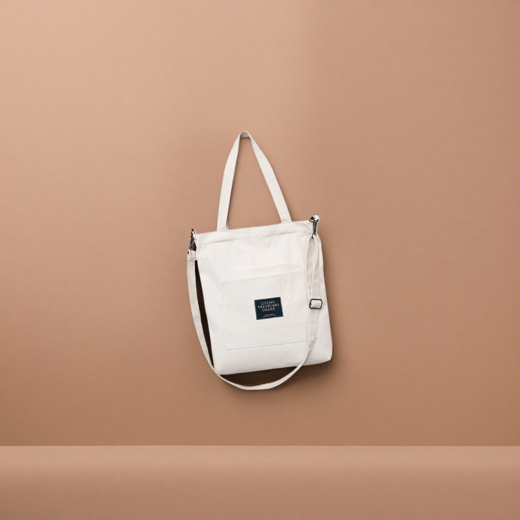 Beige canvas tote bag, large-capacity commuter shopping handbag