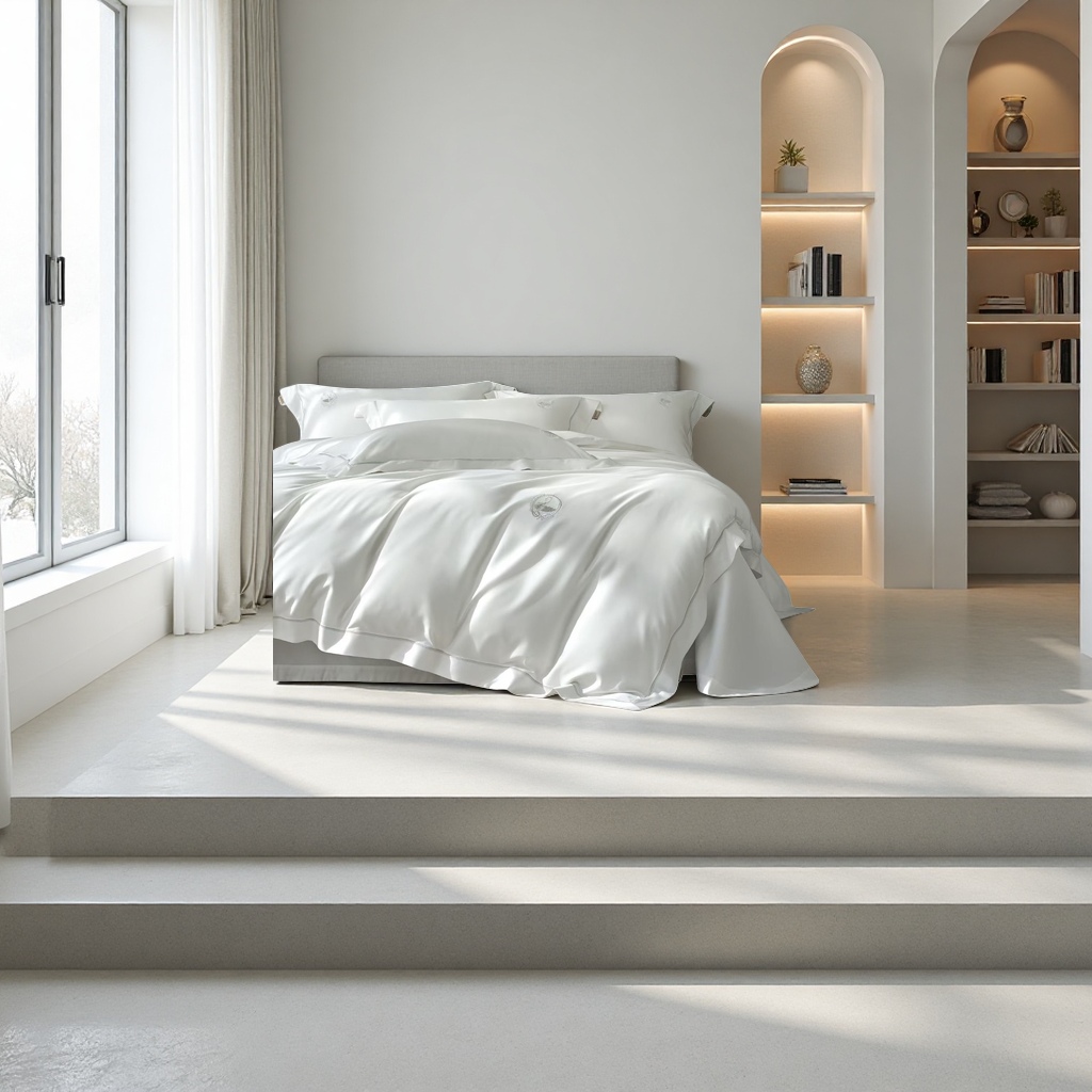 White pure cotton bedding set of four pieces, including duvet cover, pillowcase and bed sheet details Picture