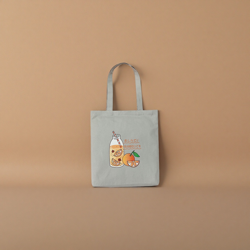 Grey canvas bag, orange juice illustration handbag, fashionable and casual single-shoulder bag details Picture
