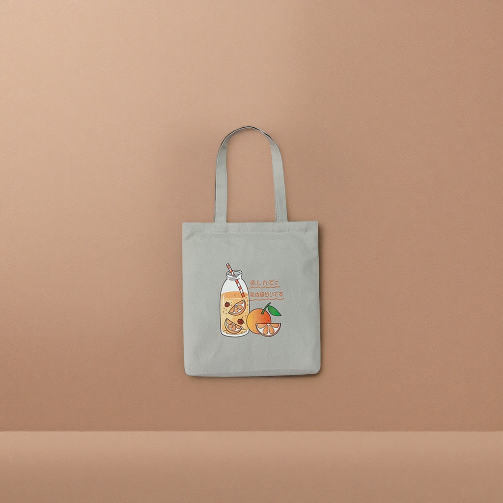Grey canvas bag, orange juice illustration handbag, fashionable and casual single-shoulder bag