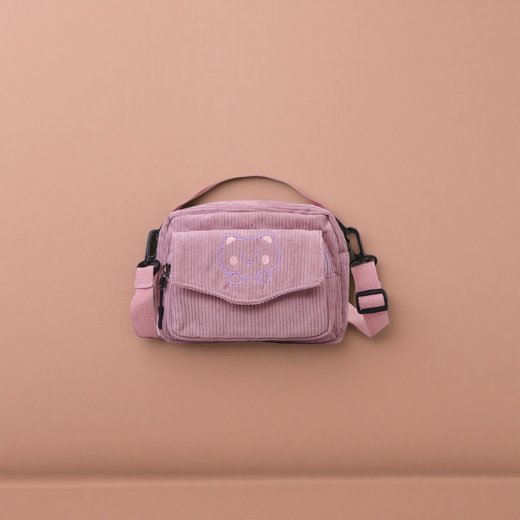The pink corduroy bear-shaped crossbody bag is fashionable, versatile and lightweight for easy travel Specification image
