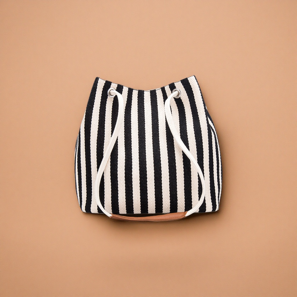 Black and white striped canvas bag, a fashionable and casual single-shoulder handbag details Picture