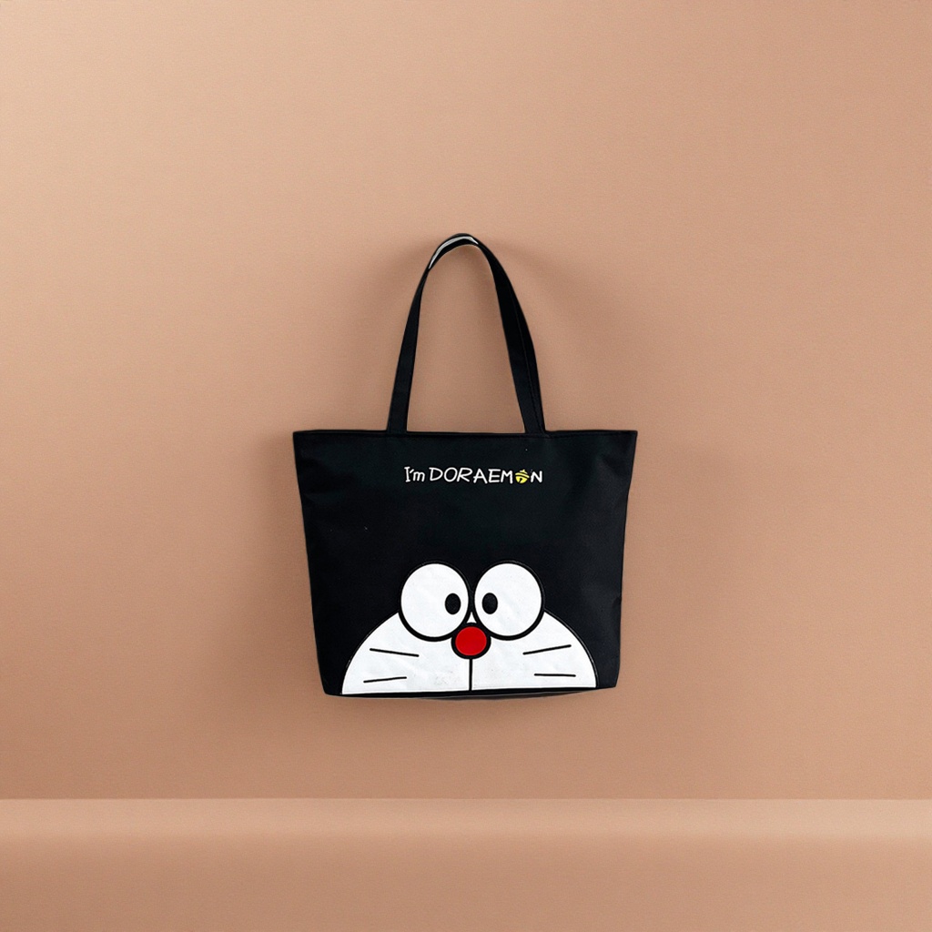 Black canvas bag with DORAEMON cartoon print I'm Doraemon casual single-shoulder bag