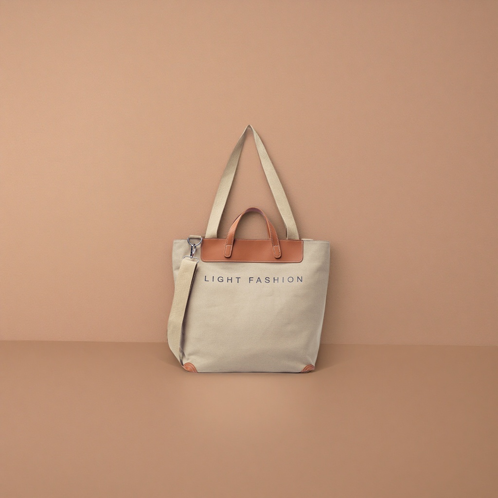 Beige canvas bag, brown leather decorated, LIGHT FASHION word casual shoulder bag Application Scenario