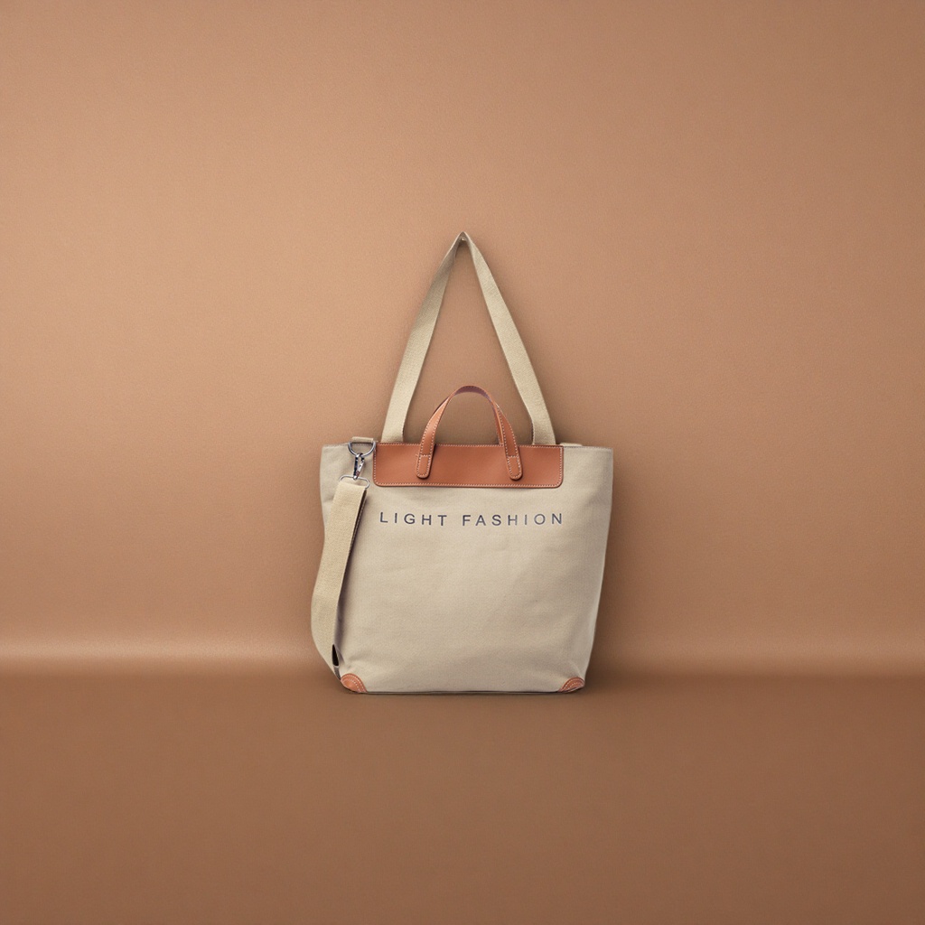 Beige canvas bag, brown leather decorated, LIGHT FASHION word casual shoulder bag Specification image