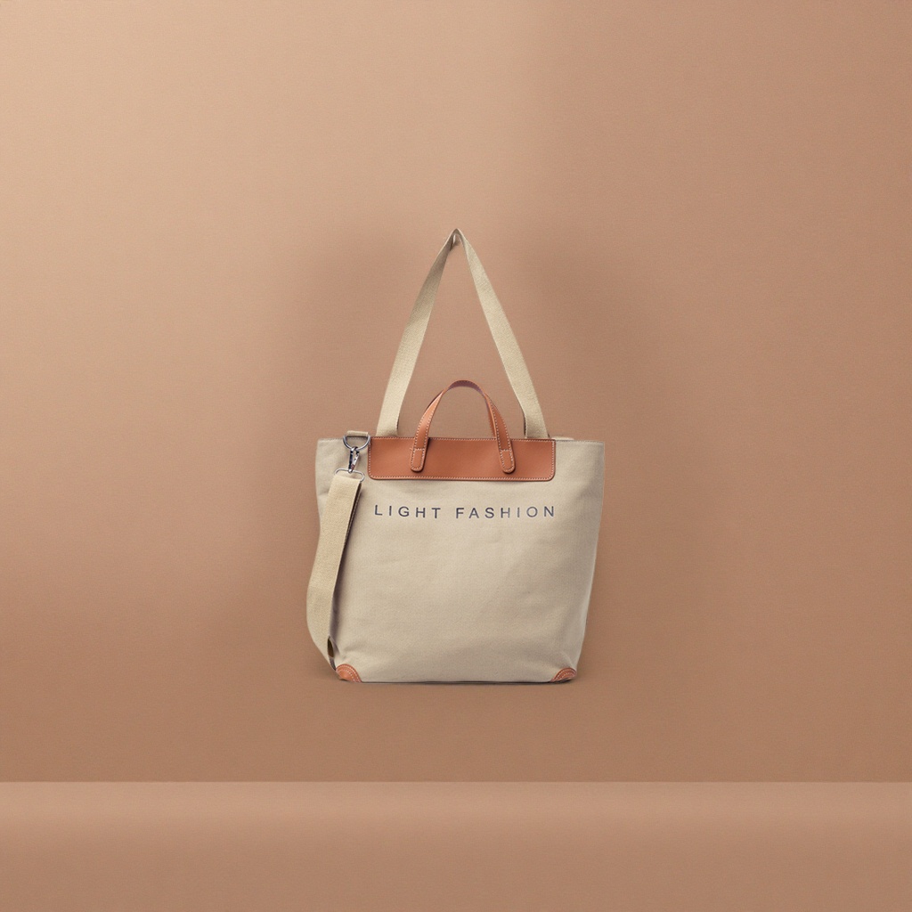 Beige canvas bag, brown leather decorated, LIGHT FASHION word casual shoulder bag