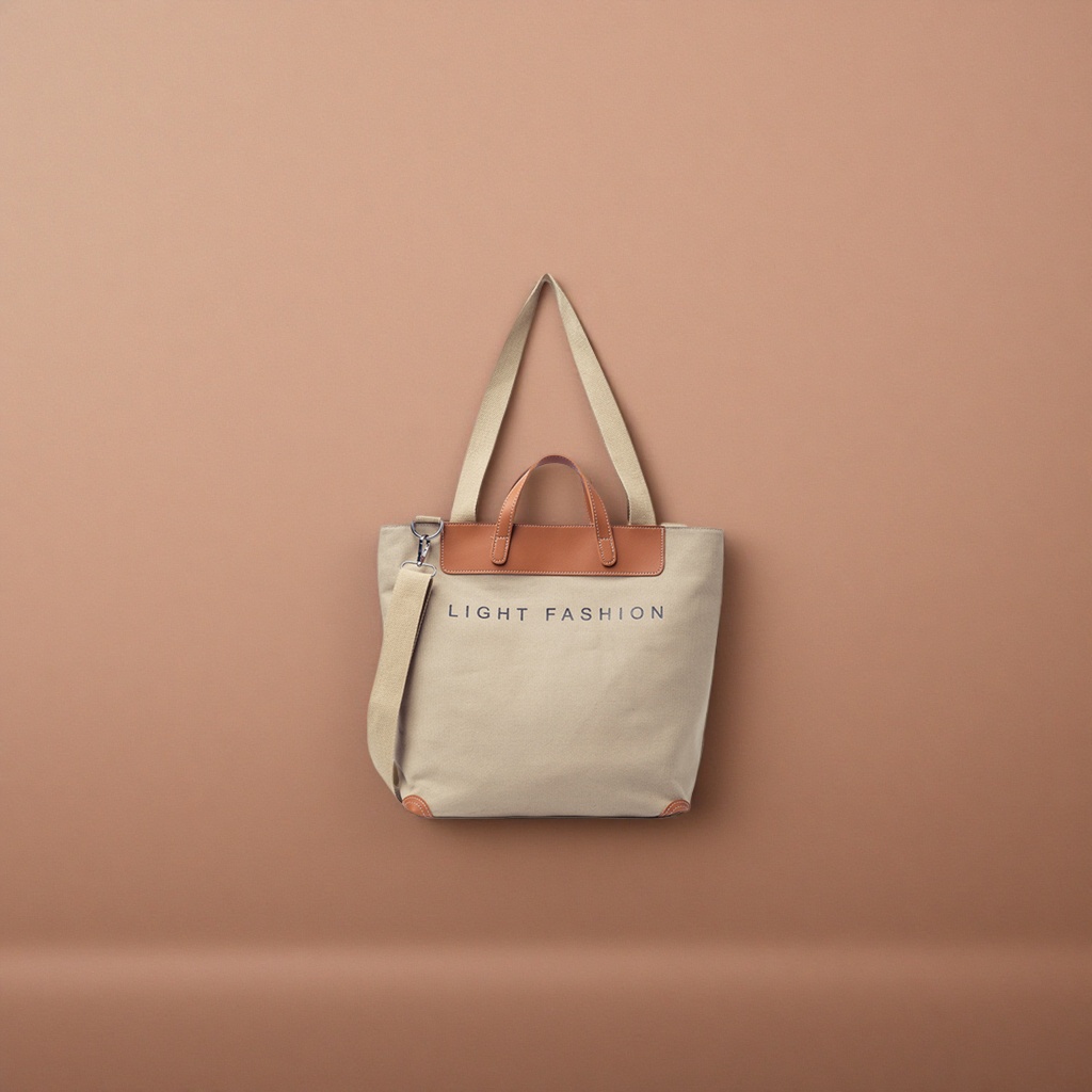Beige canvas bag, brown leather decorated, LIGHT FASHION word casual shoulder bag details Picture