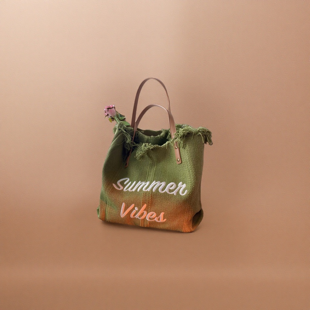 Green tassel tote bag Summer Vibes embroidered brown leather handle with pink rose window wooden table