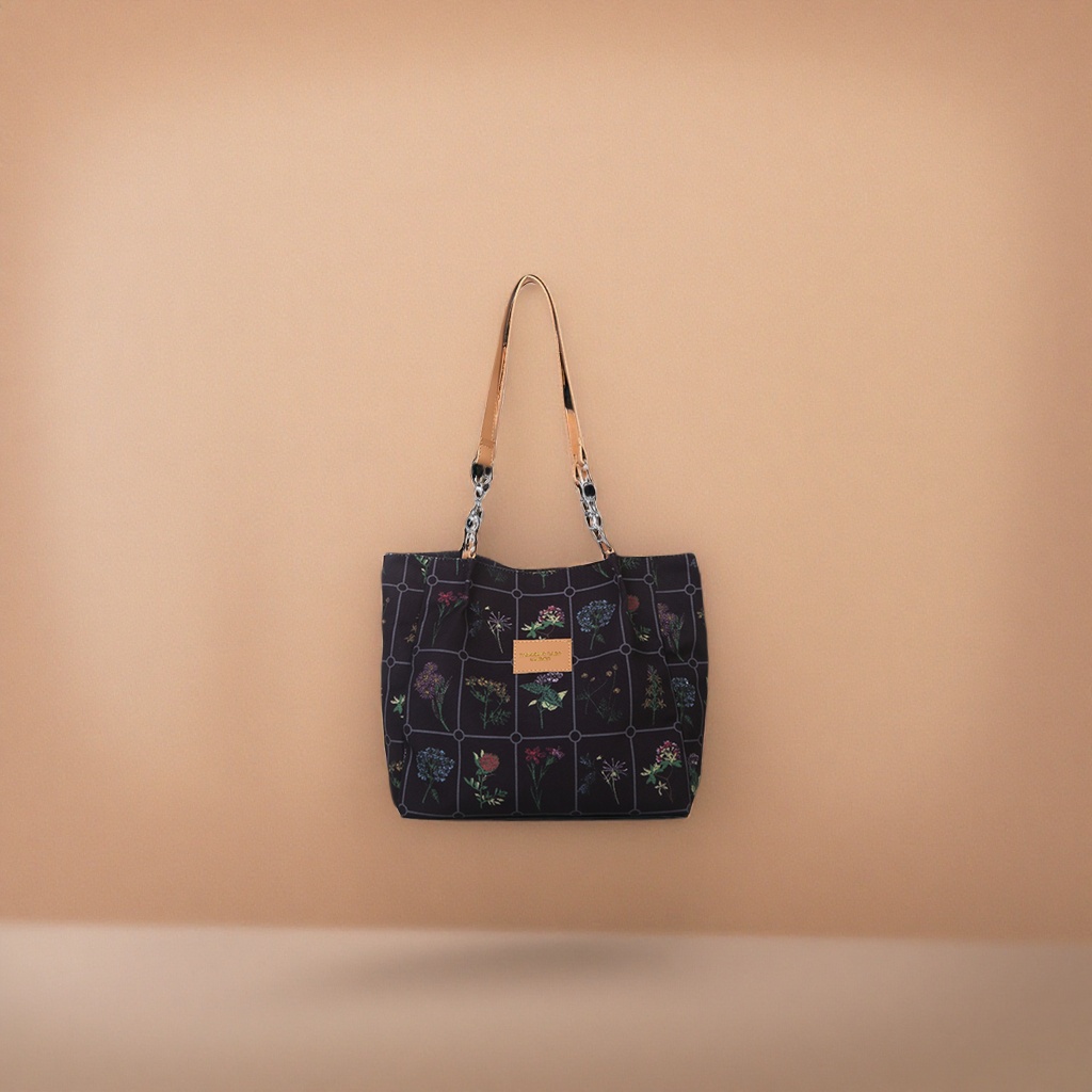 Black floral pattern tote bag, large-capacity commuter casual ladies' handbag Specification image
