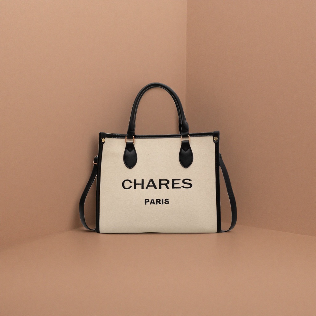 Beige canvas hand-held crossbody bag with black frame handle CHARES PARIS print