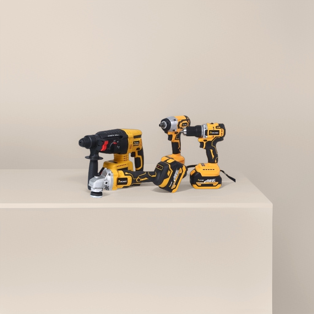 Yellow and black power tool set with rechargeable drill, multi-functional home repair DIY