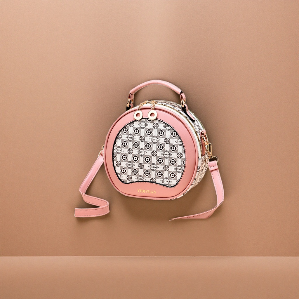 Pink round floral handbag with detachable shoulder strap, a fashionable single-shoulder bag for women