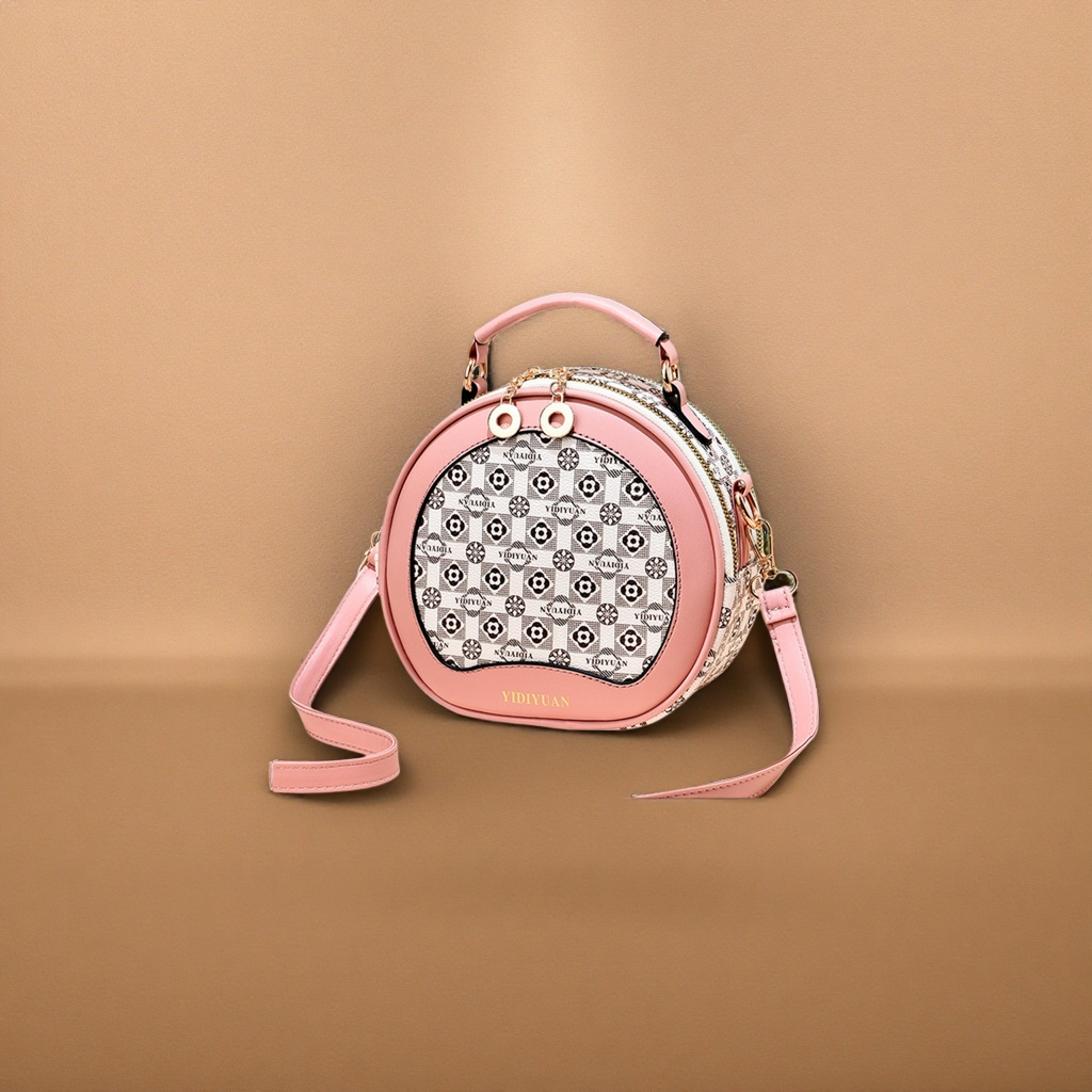 Pink round floral handbag with detachable shoulder strap, a fashionable single-shoulder bag for women details Picture