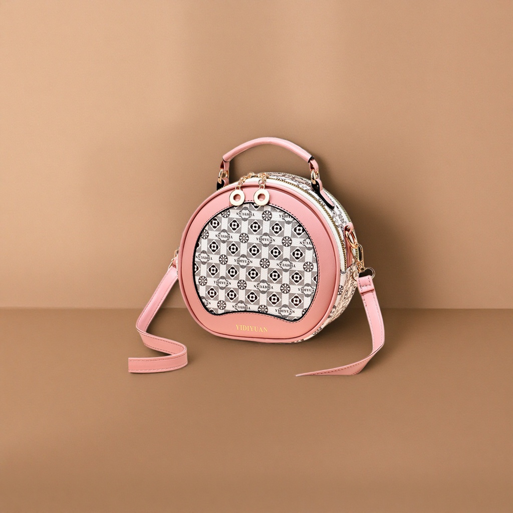 Pink round floral handbag with detachable shoulder strap, a fashionable single-shoulder bag for women Specification image