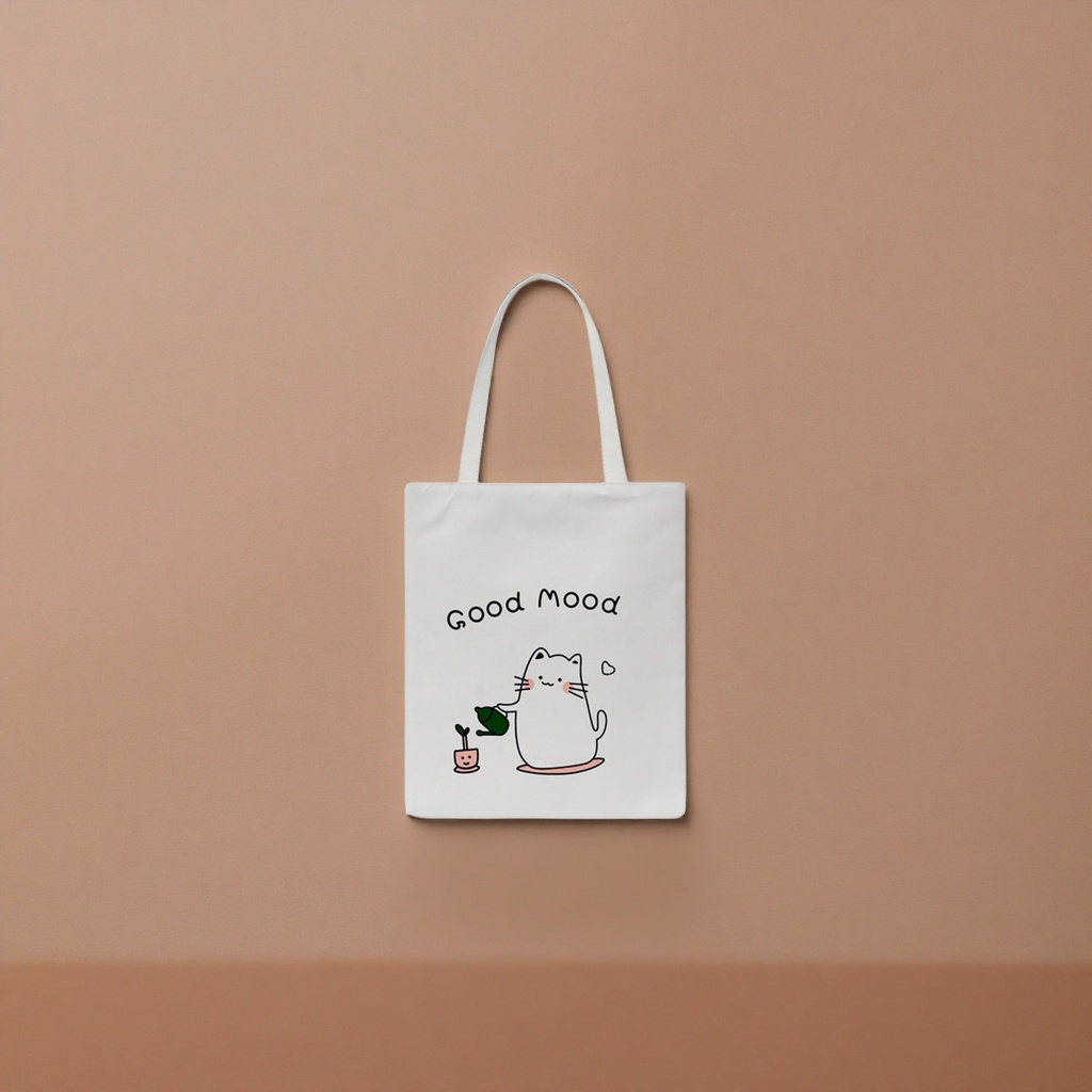 A white canvas bag with a cartoon cat watering pattern and the words "Good Mood" Specification image