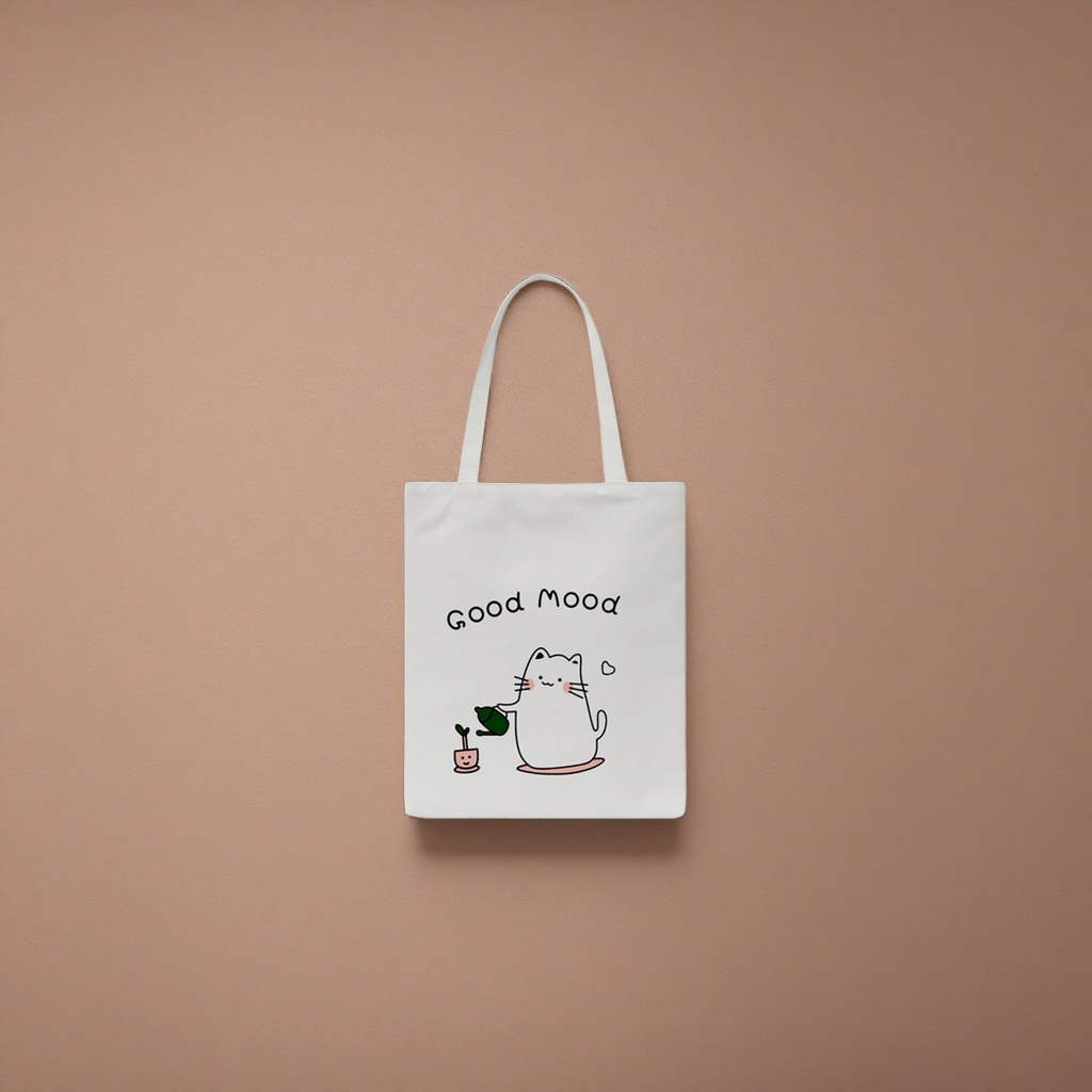 A white canvas bag with a cartoon cat watering pattern and the words "Good Mood" Application Scenario