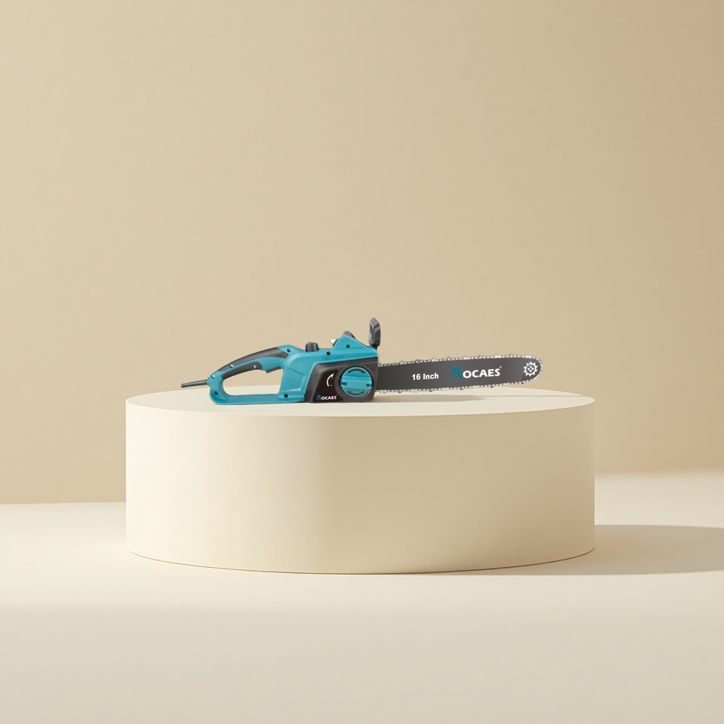 The blue-black electric chain saw is a portable lithium battery chain saw for home use, which is quiet and highly efficient