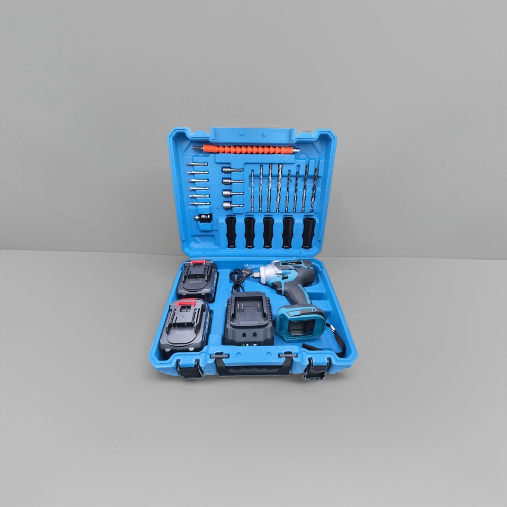 The blue toolbox set includes an electric impact wrench and a full set of accessories Specification image