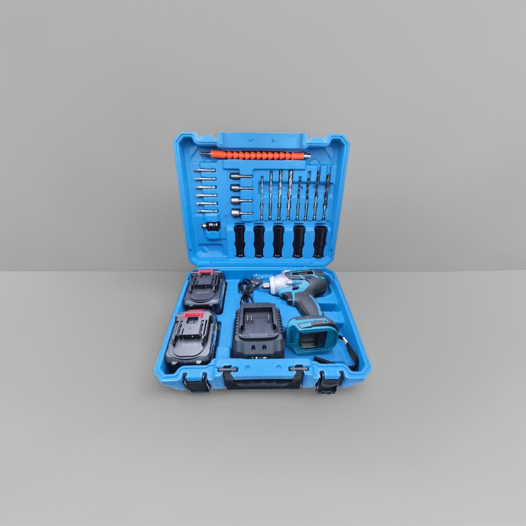 The blue toolbox set includes an electric impact wrench and a full set of accessories details Picture