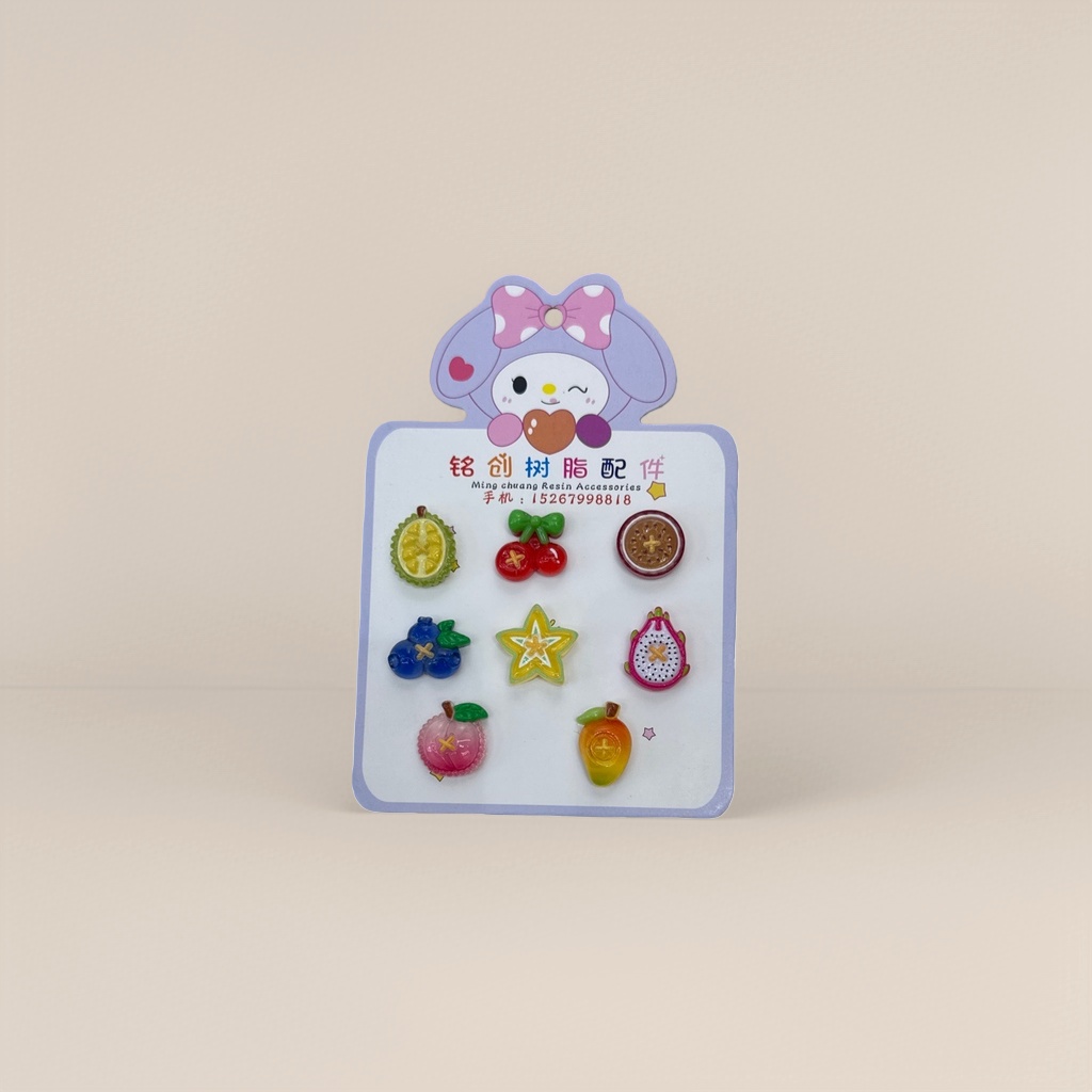 Mingchuang Resin Accessories Colorful fruit-shaped Jewelry Set Durian, Cherry, passion fruit, Blueberry, Star Pitaya, peach, Mango, purple rabbit Card diy accessories Application Scenario