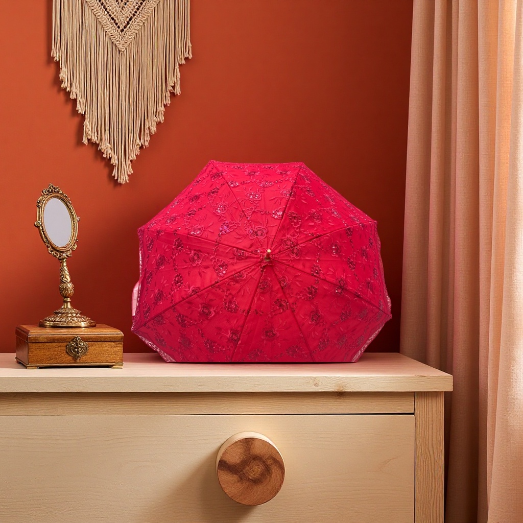 Red lace embroidered all-weather umbrella, waterproof, sun-proof, lightweight and foldable, specially designed for ladies