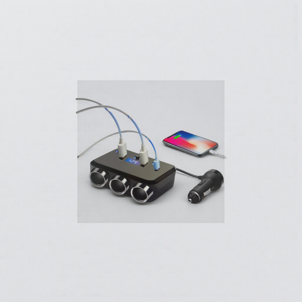 黑色车载充电器 三接口点烟器双USB-A快充3.1A Type-C蓝显12.5