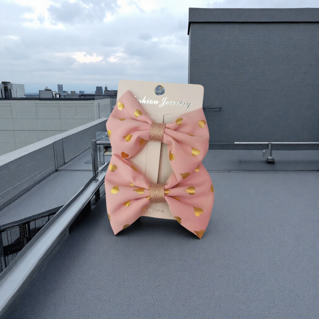 粉色心形金箔蝴蝶结发饰 女童成人甜美可爱头饰