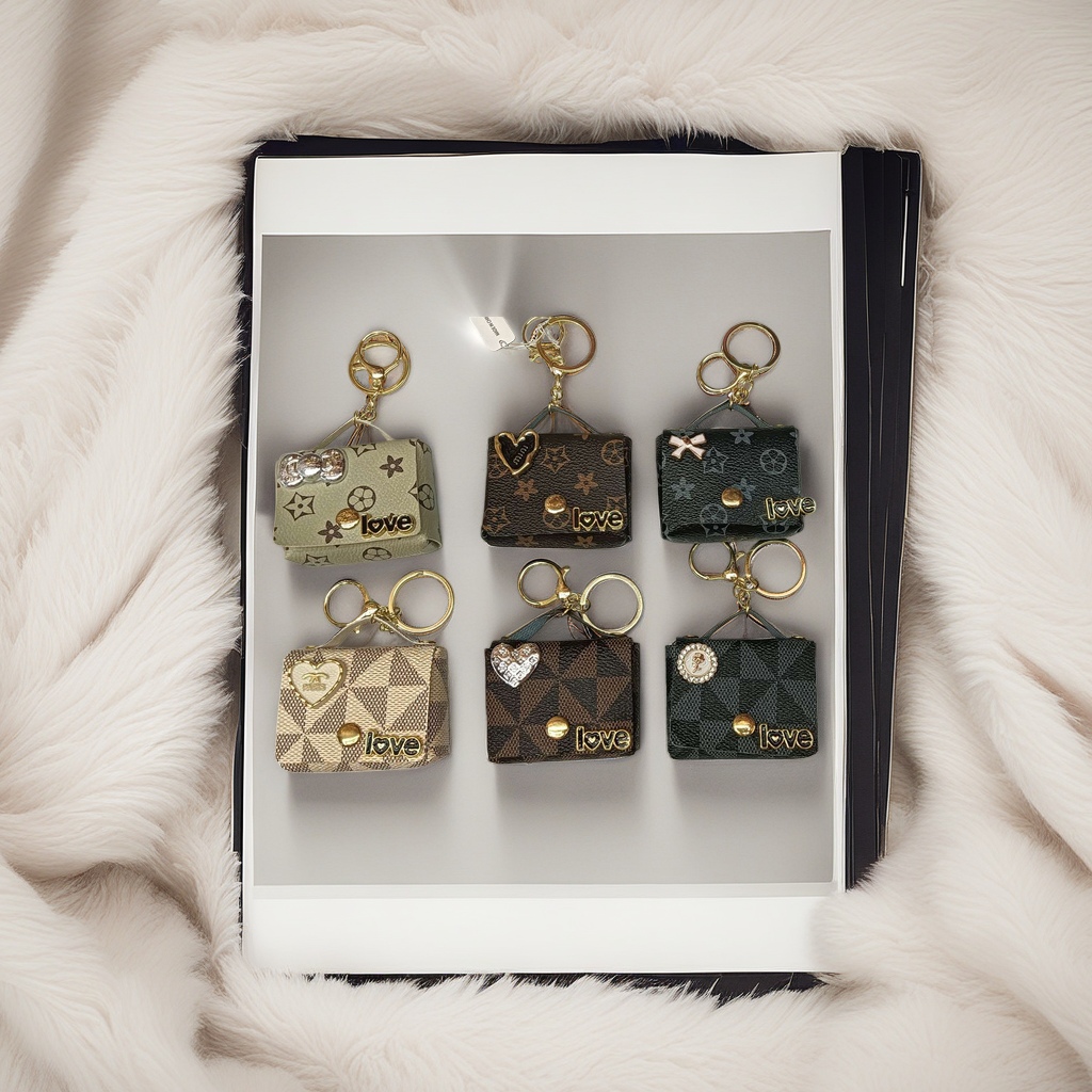 Six mini handbag keychains feature different patterns and decorative details Specification image