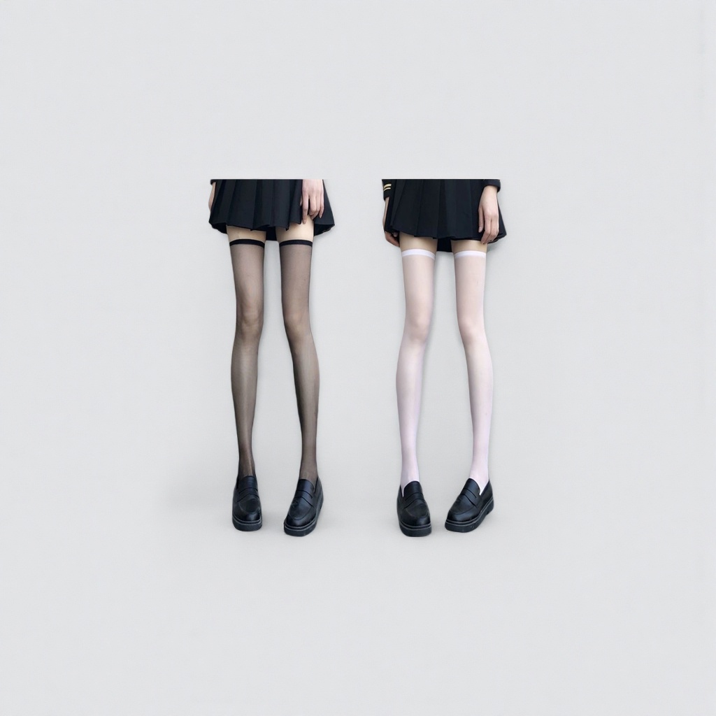 Close-up of the legs with black over-the-knee socks and white pleated skirt loafers