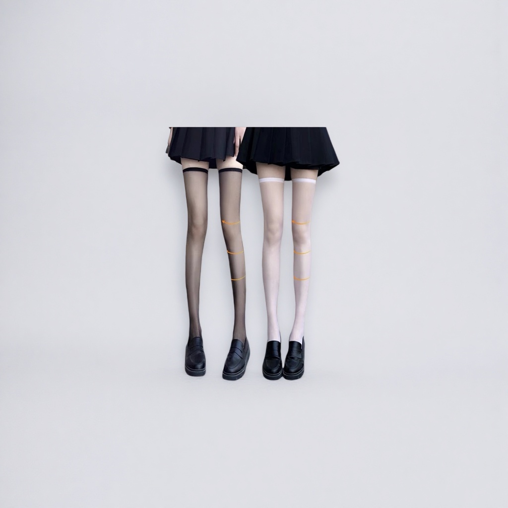 A close-up of a woman's legs with black and white pressure stockings, a pleated skirt and loafers Application Scenario