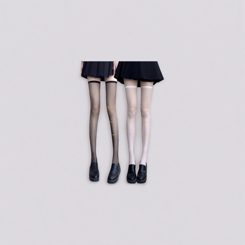 A close-up of a woman's legs with black and white pressure stockings, a pleated skirt and loafers details Picture