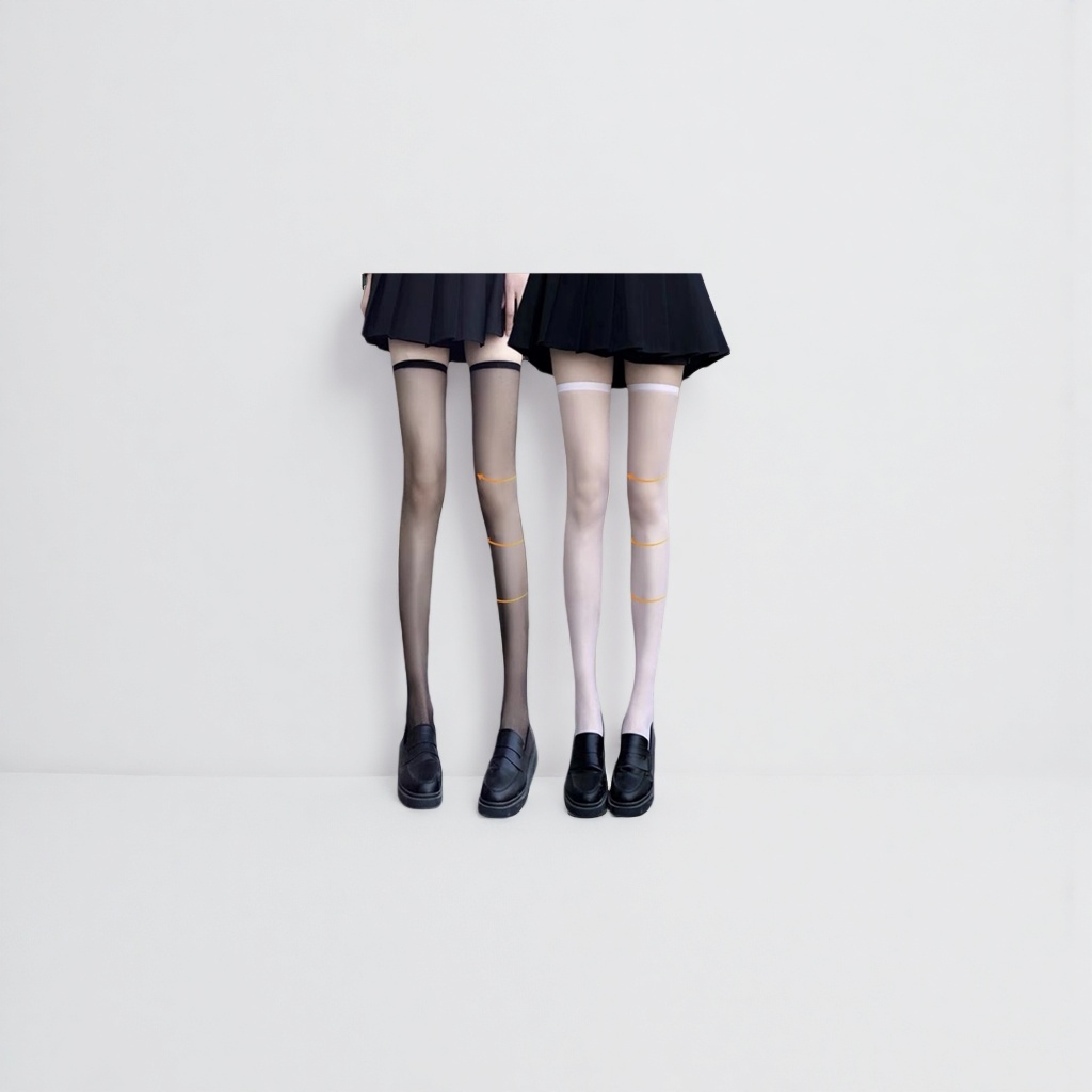 A close-up of a woman's legs with black and white pressure stockings, a pleated skirt and loafers Specification image