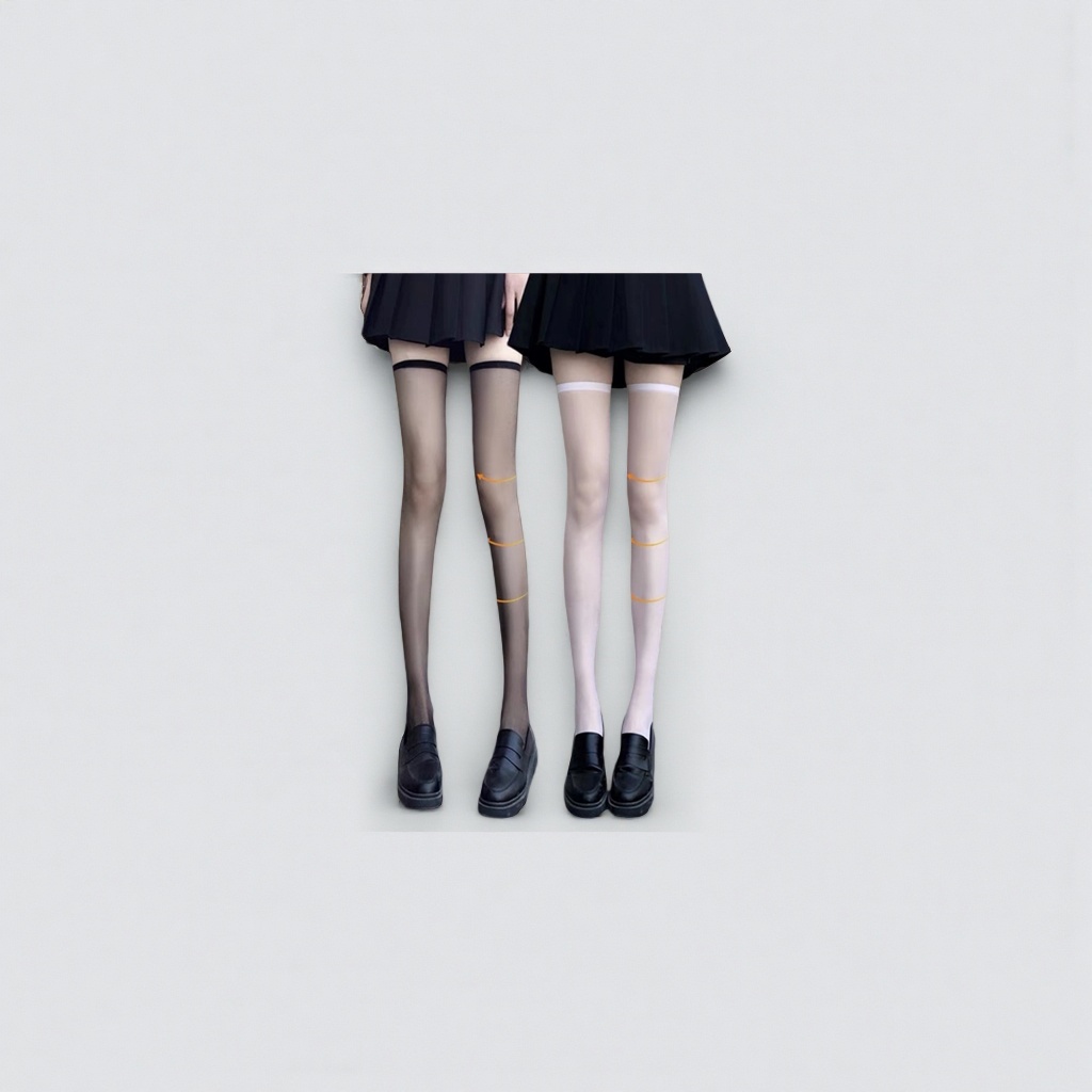 A close-up of a woman's legs with black and white pressure stockings, a pleated skirt and loafers