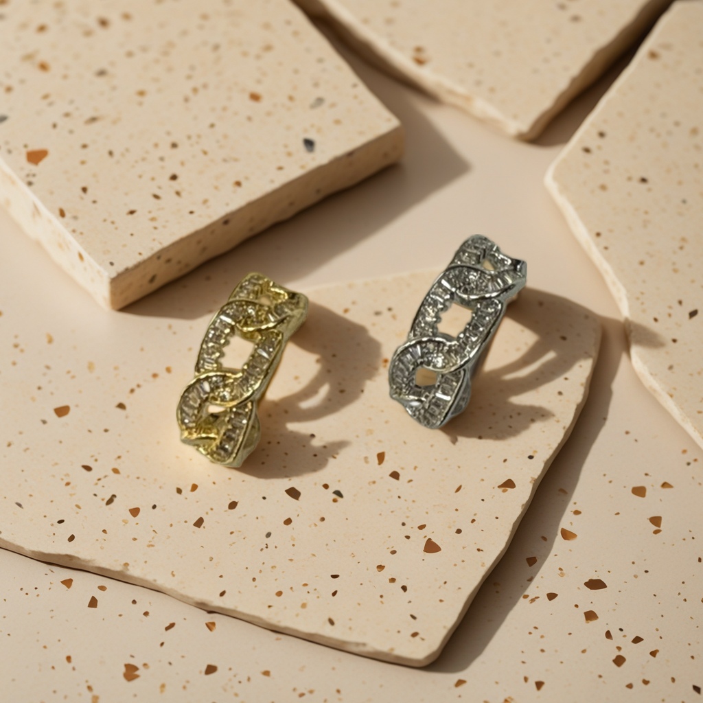 Gold and silver chain diamond-encrusted earrings, white jewelry card set